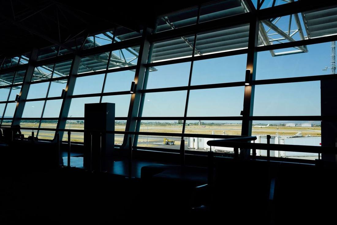 Hamilton airport's single terminal, late in the day