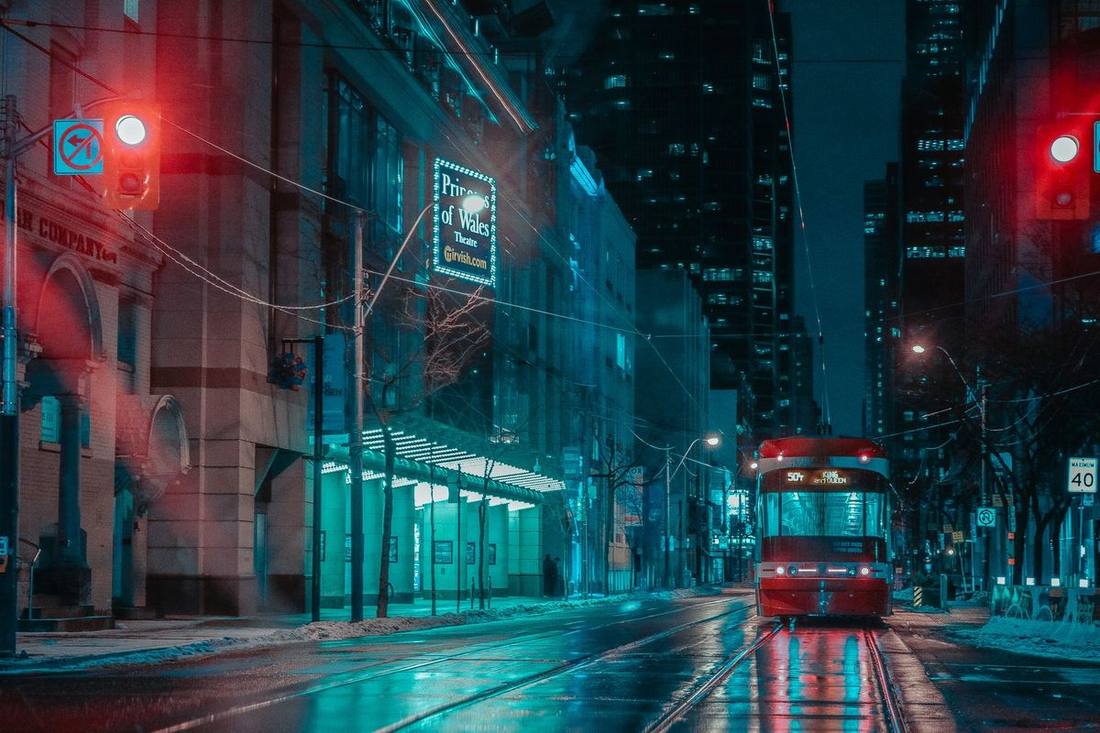 King Street West at night, the streetcars and the restaurants