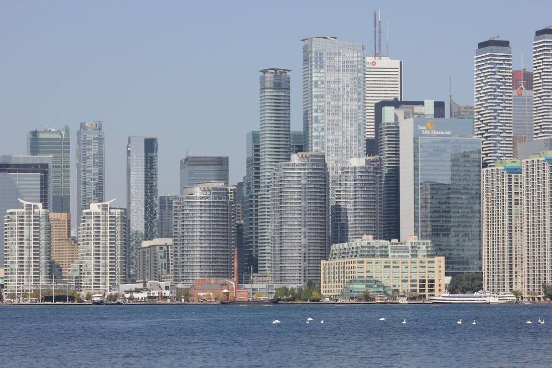 The waterfront's towers from the lake