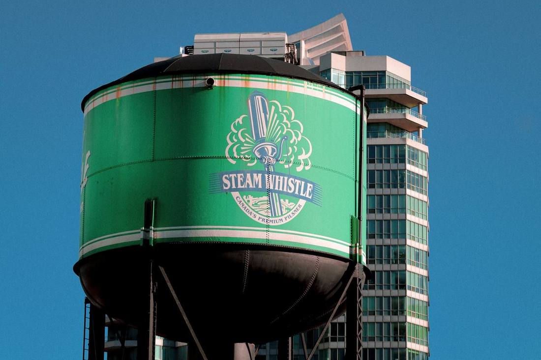 Roundhouse Park and the Steam Whistle brewery below the CN Tower