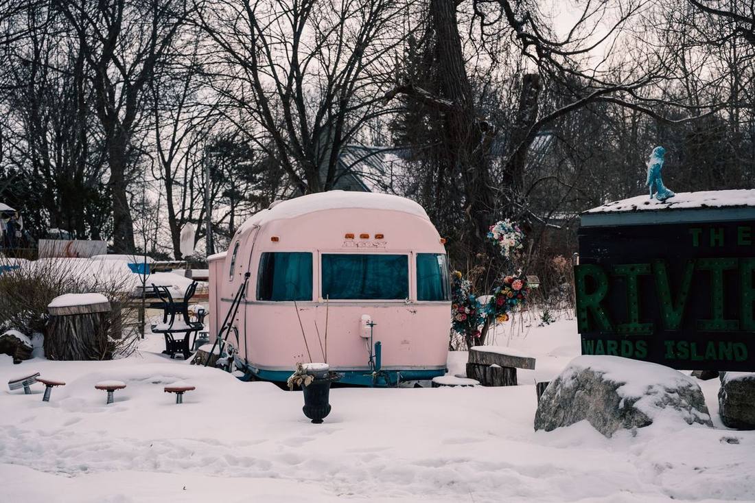 A base camp of production trailers on a Toronto location
