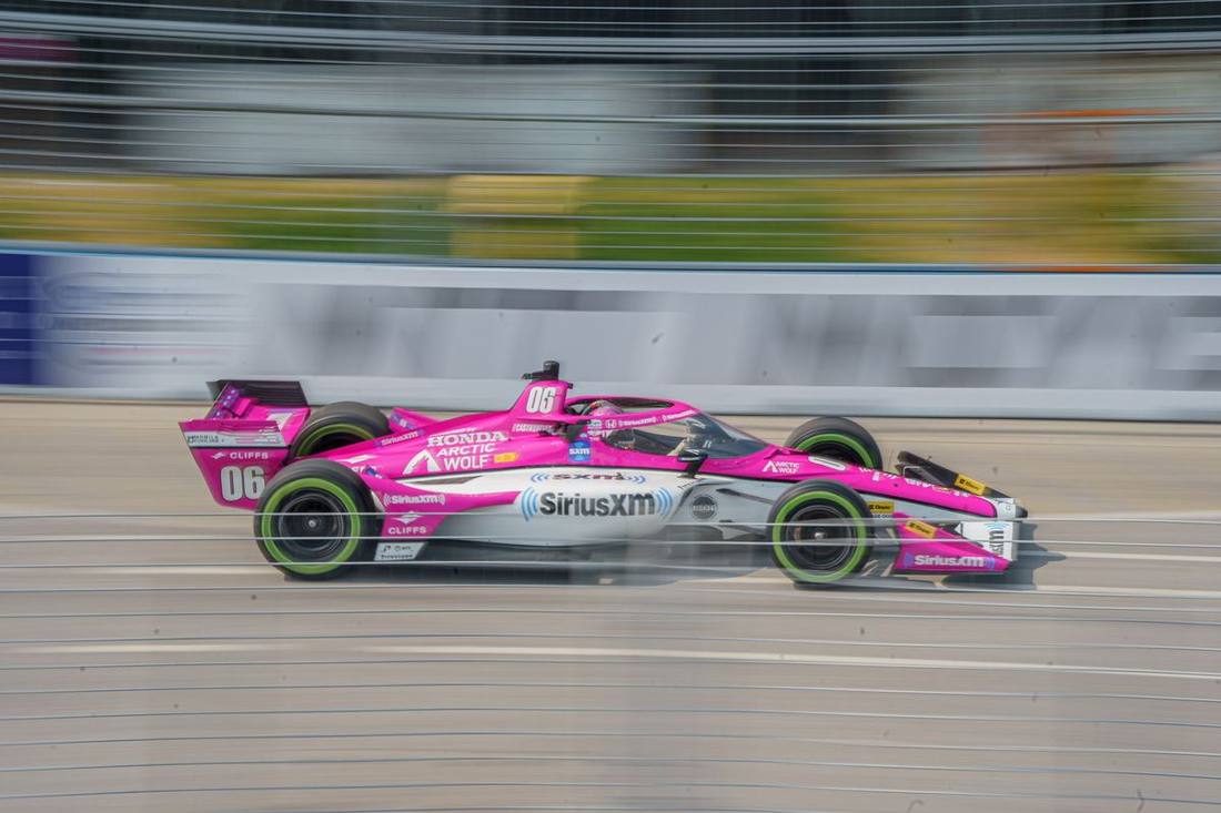 IndyCars on the Honda Indy Toronto circuit along Lake Shore Boulevard