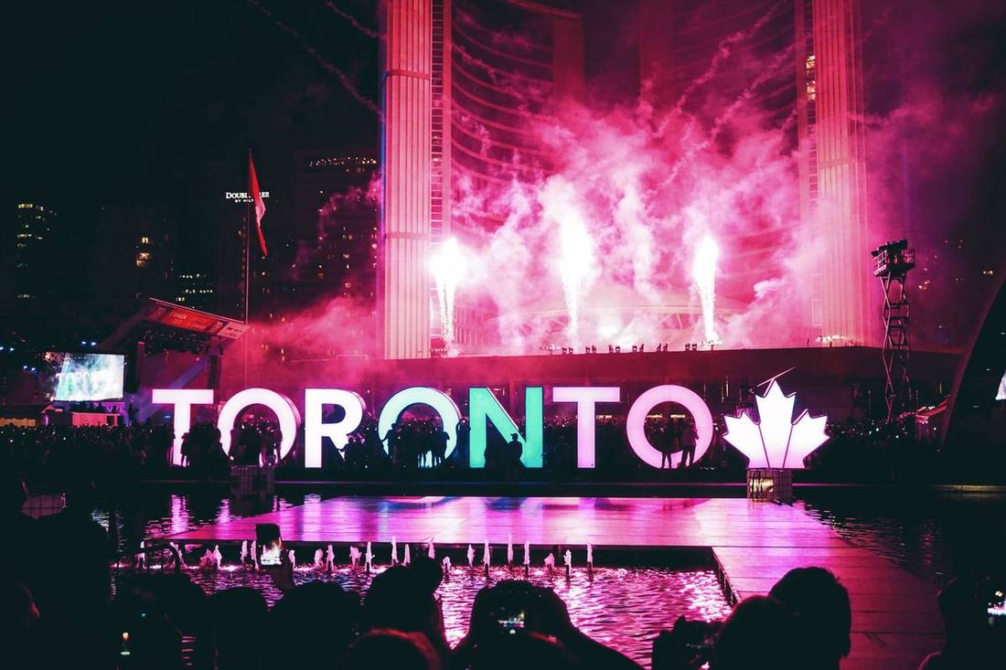 Fireworks over Nathan Phillips Square at midnight on New Year's Eve