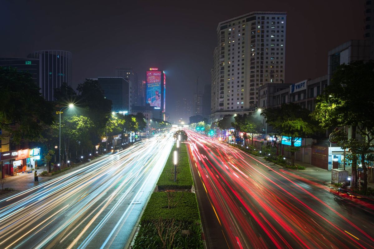 City lights at speed after dark
